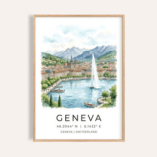 Framed Geneva landscape art print with cityscape and fountain in watercolour style
