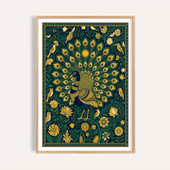 Framed Peacock Art Print with decorative folk-art style plumage in gold and green tones