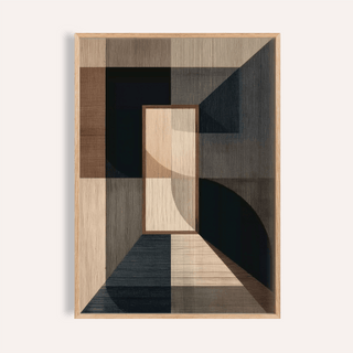 Framed close-up of Wabisabi Art Print with abstract geometric shapes in beige and dark blue tones
