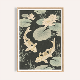 Japanese Koi Carp Art in Green, Black, Beige, Yellow for living room wall art print