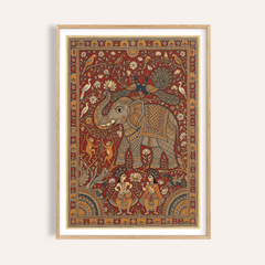 Framed print close-up of Indian Elephant Art Print with folk-art decorative elephant in red and orange tones