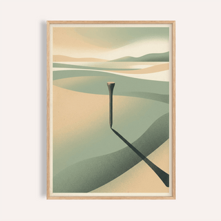 Minimalist landscape art print with a golf tee casting a shadow in muted green and beige tones