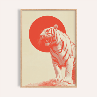 Framed print of a roaring tiger with a large red circle behind, minimalist style