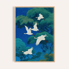 Bird Art Print of flying white cranes over green and blue trees in a Japanese ink style