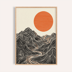 Framed Abstract Nature wall art of stylised black and beige mountains with an orange sun