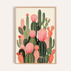 Framed Cactus Print of stylised cactus cluster in green and pink shades