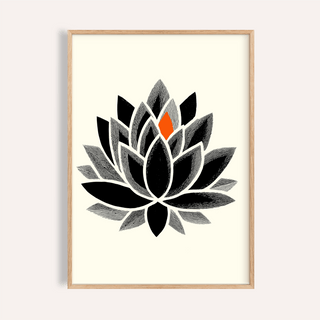 Framed closed up Lotus Art Print of a black and grey stylised lotus flower with one orange petal