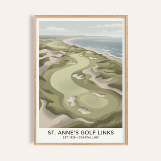 Framed Coastal Golf Landscape print of a minimalist coastal golf course in soft greens and sandy beige