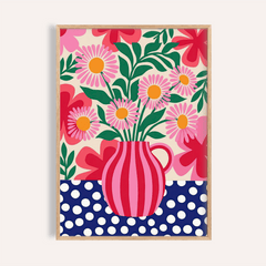 Framed Colorful Flower Art Print with pink daisies and green leaves in a red striped vase