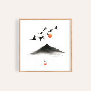 Crane Mountain Art framed print close-up showing flying cranes in black ink and a red sun