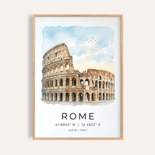 Framed Rome Colosseum Art Print with a watercolour illustration and text below in a simple setting