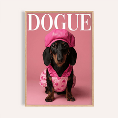 Fashion Dachshund wall art of a dog in a pink heart outfit with a matching cap