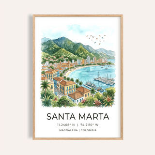 Framed Santa Marta art print of the coastline with green mountains and blue sea in watercolour style