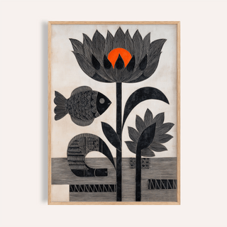 Framed Lotus Fish wall art with black fish and flowers and a bright orange circle