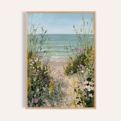 Framed Beach Path Print showing a watercolour beach path with wildflowers in green and purple tones