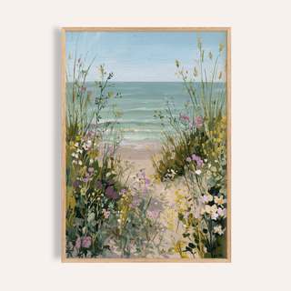 Framed Beach Path Print showing a watercolour beach path with wildflowers in green and purple tones