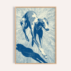 Framed Dog Wall Art of a running greyhound in blue and white line-art