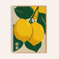 Large Citrus Fruit Art Print of yellow lemons with green leaves in a minimalist Japanese ink style