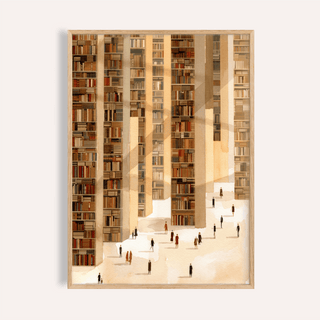 Framed Library Art Print showing tall library stacks and small human figures in warm beige and brown tones