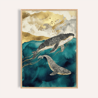 Framed whale art print showing a pair of whales in teal and gold watercolour tones