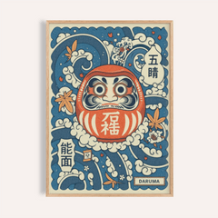 Daruma Art Print poster with daruma doll, waves and maple leaves