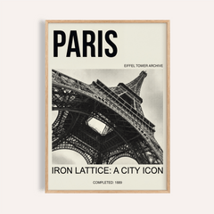Paris Eiffel Tower Print framed close-up showing black and white photographic details of the iron lattice