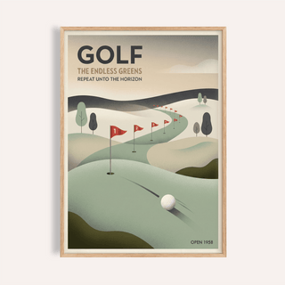 Framed print close-up of Vintage Golf Wall Art showing a minimalist golf course with green hills and red flags