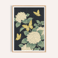 Framed Vintage Butterfly Poster with yellow butterflies and white hydrangea flowers on a dark background