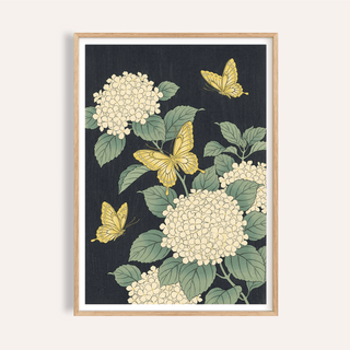 Framed Vintage Butterfly Poster with yellow butterflies and white hydrangea flowers on a dark background