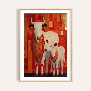 Framed Sacred Cow wall art of white cow and calf with red patterned scarves