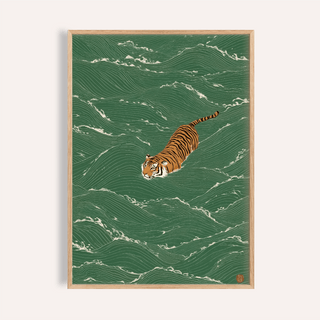 Close-up of Wildlife Wall Decor featuring a swimming tiger in minimalist style with green waves and orange tiger