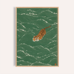 Close-up of Wildlife Wall Decor featuring a swimming tiger in minimalist style with green waves and orange tiger