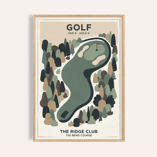 Framed Golf Landscape Print showing minimalist golf course hole with green fairway and surrounding trees