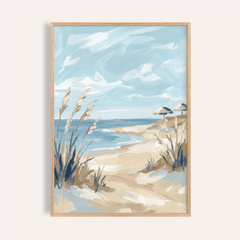 Framed Coastal Wall Art Set print of beach landscape in beige and blue tones