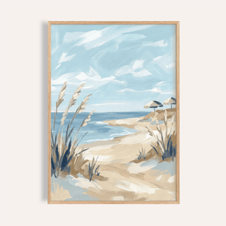 Framed Coastal Wall Art Set print of beach landscape in beige and blue tones