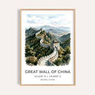 Great Wall Of China art print watercolour illustration with mountains and birds in a wooden frame