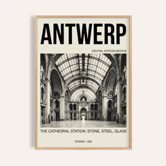 Framed Antwerp Central Station art print with black text and architectural photo in monochrome