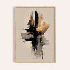 Framed gold and black poster with abstract brush strokes in a minimalist style