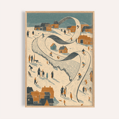 Snow Scene wall art showing skiers on a curling ski slope in muted blue and orange tones