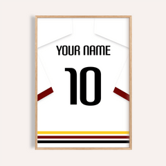 Football Shirt Poster in White with Black Red and Gold Hem Stripes