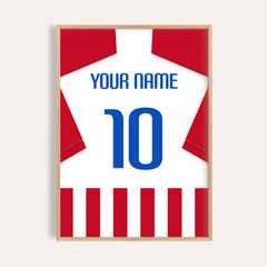 Football Shirt Poster in Red and White Stripes with Blue Number