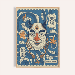 Centered horned mask poster with waves and Japanese characters wall art