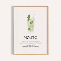 Framed print of mojito cocktail illustration with green and white minimalist style