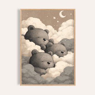 Framed print of teddy bear wall art for nursery showing three sleeping bears among clouds and stars