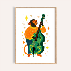 Framed Musical Monkey art print of a monkey playing a decorated double bass with orange and green colours