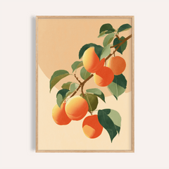 Framed apricot wall print showing apricots on a branch with green leaves in soft orange and beige tones