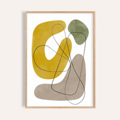 Framed abstract wall print with yellow, green and beige organic shapes and black lines