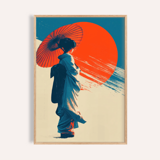 Japanese Geisha Pop Art print with Blue, Red, and Beige in living room wall art