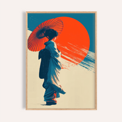 Japanese Geisha Pop Art print with Blue, Red, and Beige in living room wall art