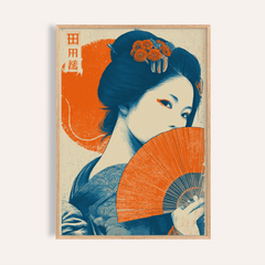 Framed Geisha Print featuring a woman with a blue hairstyle and orange fan with floral details